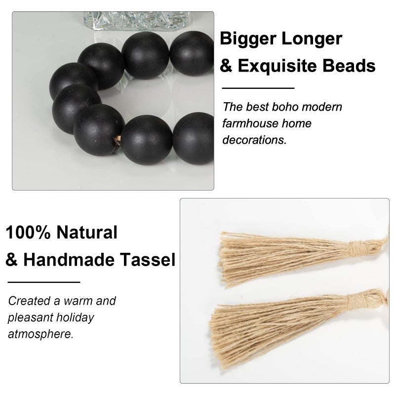 OMISHE Extra Large Wood Bead Garland Black with 1.6" Diameter Wooden Beads and Tassels, 41" Long Rustic Farmhouse Country Decorative Beads for Home Tiered Tray Decor, Black - Image 5